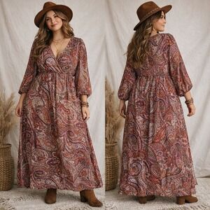 Paisley Print Plus Sz 1X Wrap Maxi Dress Boho Flowy 3/4 Sleeve Festival